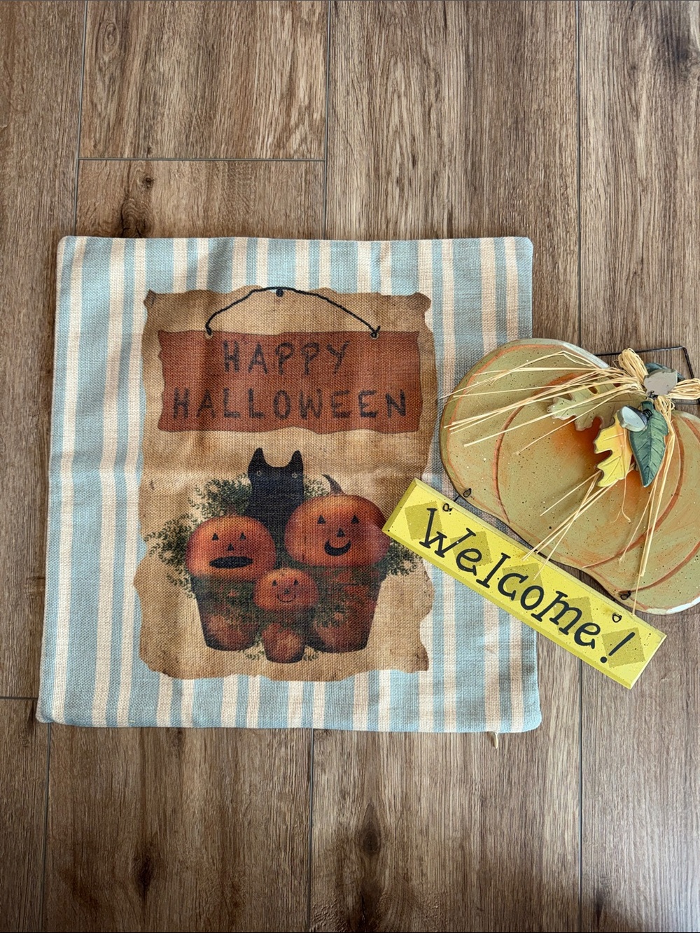 Halloween Striped Pumpkin Decorative Linen Feel Pillow Cover and Pumpkin Welcome